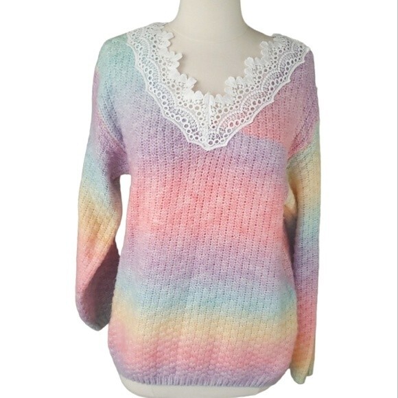 Bibi Coquette V-neck Crochet Collar Sweater Womens Medium Twee Grannycore Pastel - Picture 1 of 5